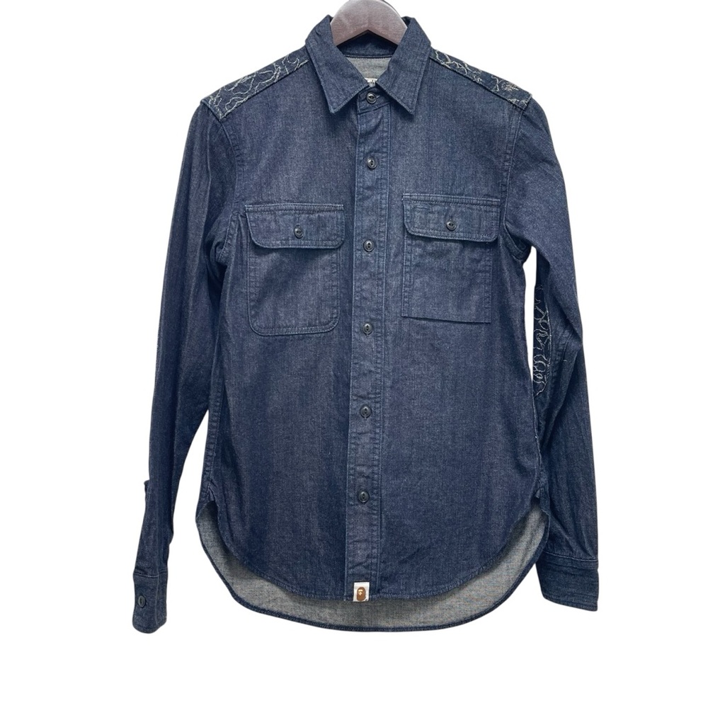 Bape A Bathing Ape Denim Embroidered Long Sleeve Blue Shirt Size Small